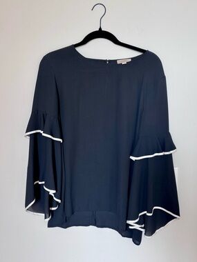 Loft Medium Womens Black Ruffled Bell Sleeve Top with White Trim